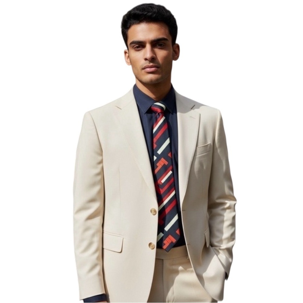 Jean Couture Paris Tie Red Cream Navy Geometric Vintage Modern Art Style